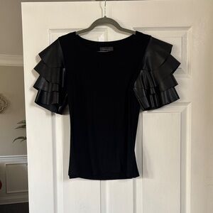 Gracia Black Blouse with Layered faux leather Sleeves